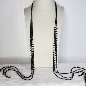 Long Black Beaded Necklace Layered Flapper Sautoir Faceted Glass Beads Lariat